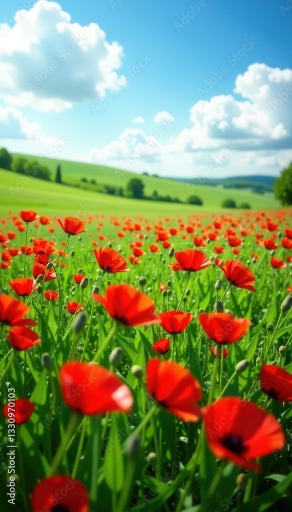 Abundant poppies blanket a rolling green meadow , poppy, wild Abundant poppies blanket a rolling green meadow , poppy, wild
