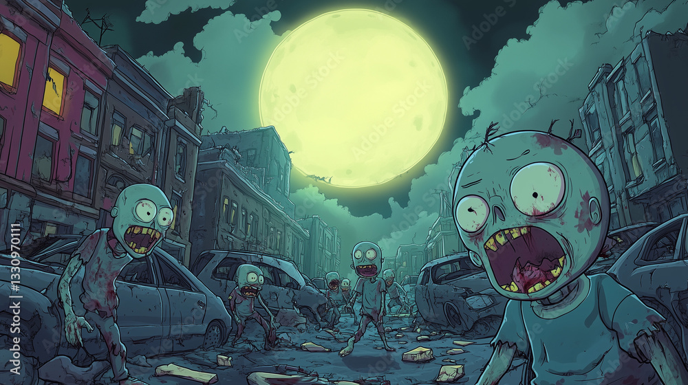 Obraz premium A cartoon zombie apocalypse with a group of goofy, slow-moving zombies with exaggerated limbs and comically mismatched clothing