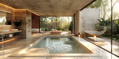 Espacio de lujo con piscina interior, muebles modernos y jardín tropical