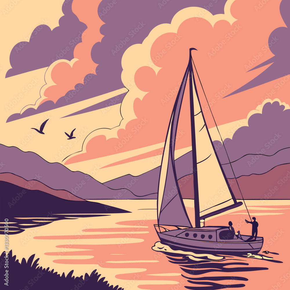 Naklejka premium A serene sailing scene at sunset, Vector art design Vibrant colors fill the sky. Perfect for nature lovers and travelers