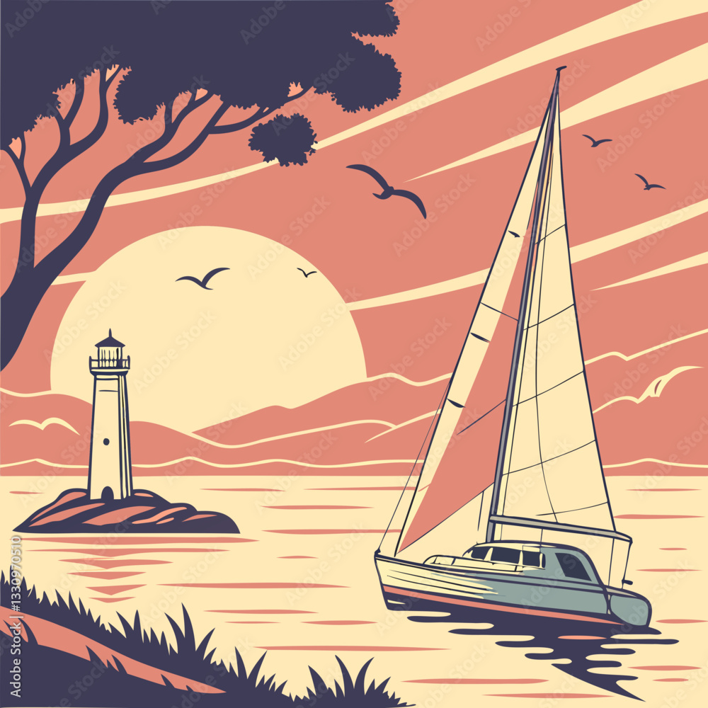 Naklejka premium A lighthouse on the beach with a sailboat sailing in the ocean under a sunny sky