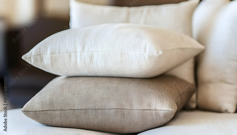 Obraz premium Stack of three soft, textured linen pillows in neutral beige and off-white tones, arranged on a light beige sofa. Perfect for home decor and interior design.