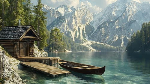 Alpine lake cabin with wooden boat dock