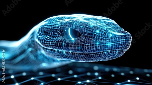 Futuristic Digital Visualization of a Snake in Neon Wireframe Art