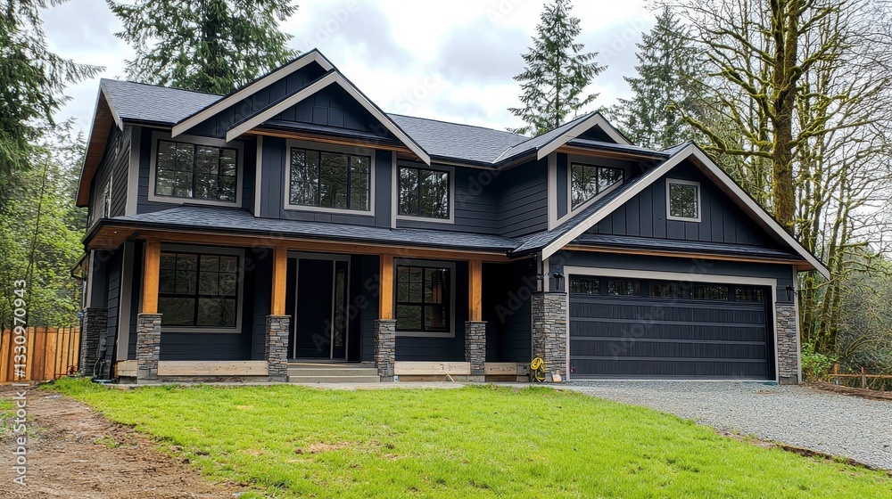 Modern Black and Gray House with Large Windows and Green Lawn Modern Black and Gray House with Large Windows and Green Lawn