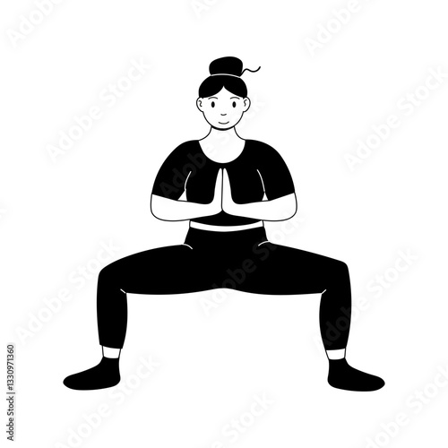 Woman practicing yoga in a balanced squat position at home in comfortable clothing