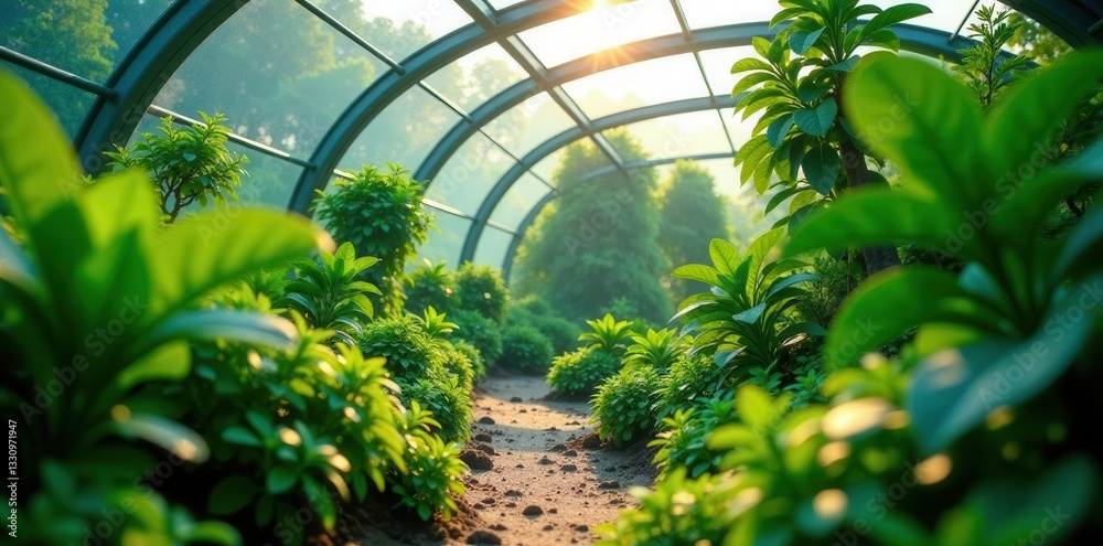 Lush green plants thrive under artificial sunlight in a biodome , planetary nebula, universe Lush green plants thrive under artificial sunlight in a biodome , planetary nebula, universe