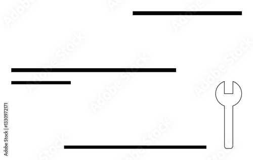 Wrench outline next to bold horizontal lines suggesting tools, precision, and organization. Ideal for mechanics, repair, tools, construction, engineering, planning workflow flat simple metaphor