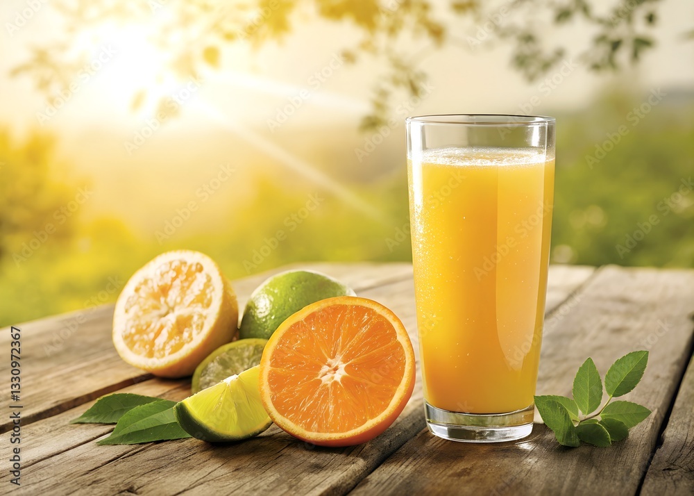 Fototapeta premium Fresh Orange Juice with Citrus Fruits on a Wooden Table