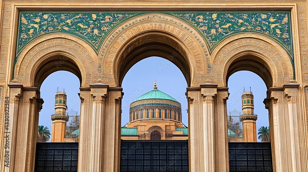 Obraz premium Archway framing mosque dome, city backdrop