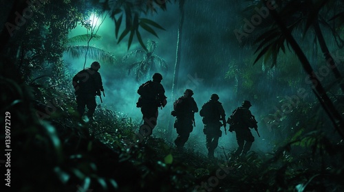 Silhouette of Special Forces Team on Patrol in Rainforest at Night