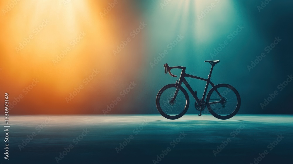 Obraz premium Minimalist shot of a stylish bicycle illuminated by colorful lights in a studio.