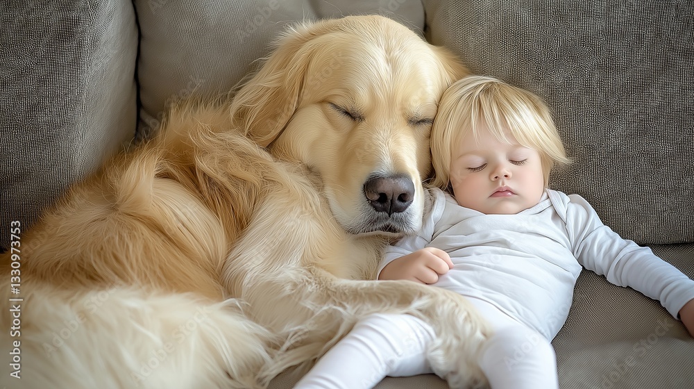 Golden retriever cuddling with a sleeping baby on a cozy couch.