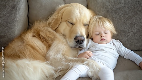Obraz na płótnie Golden retriever cuddling with a sleeping baby on a cozy couch. w salonie