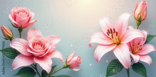 Delicate pastel roses & lilies, soft watercolor effect, rose, soft hues
