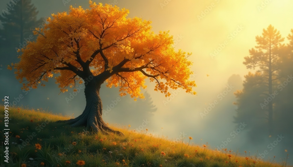 Fototapeta premium Liquid gold foliage, ethereal tree in soft light , unique, shimmering