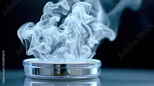 Ethereal Swirling Smoke Rising from Metallic Ashtray on Dark Surface