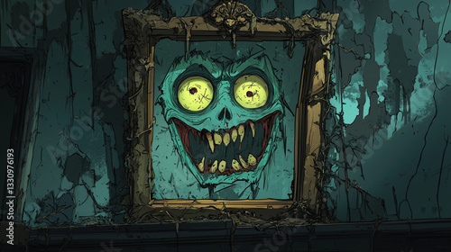 A cartoon haunted mirror with a cracked reflection showing a distorted, grotesque face with bloodshot eyes and a wide, evil grin