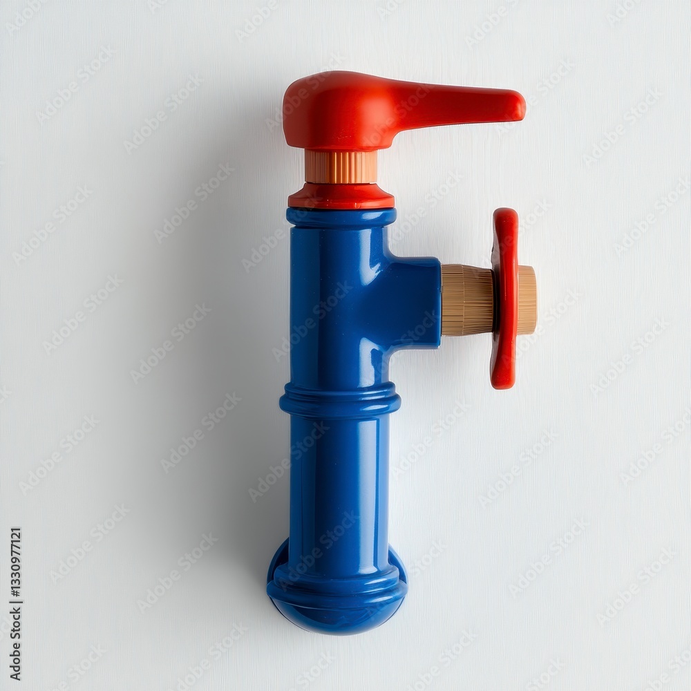 Blue and Red Toy Faucet Letter F on White Textured Background Blue and Red Toy Faucet Letter F on White Textured Background