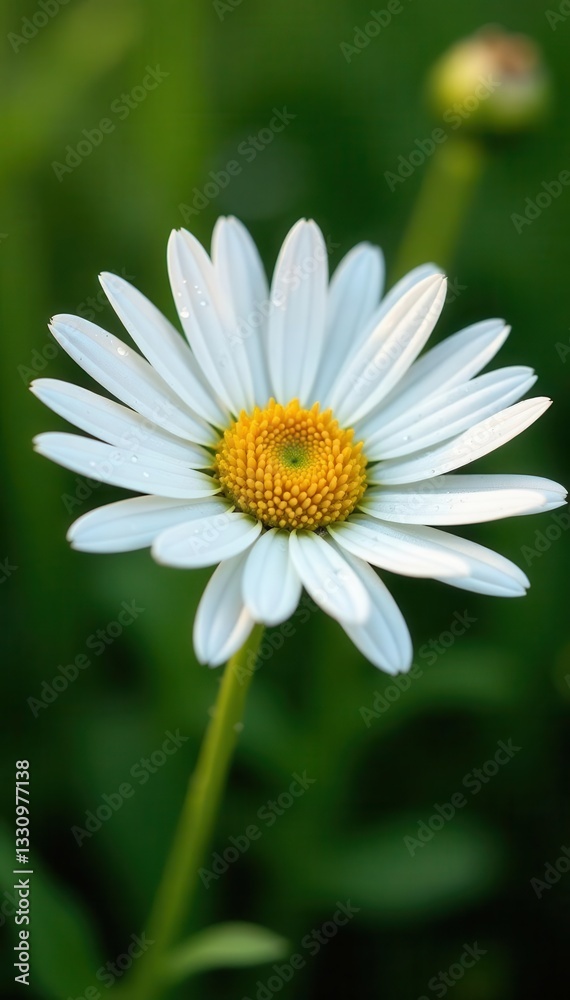 Dew-kissed daisy petals, vibrant yellow center, beauty, drops Dew-kissed daisy petals, vibrant yellow center, beauty, drops