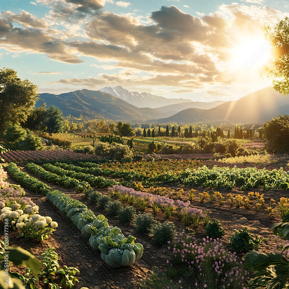 Fototapeta premium A breathtaking agricultural landscape at sunrise featuring neatly aligned crop rows in the foreground, rolling green fields, and a warm golden sky. Ideal for farming, rural life, nature