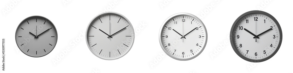 Four analog clocks ticking away against a dark backdrop, displaying different times isolated on white or transparent Four analog clocks ticking away against a dark backdrop, displaying different times isolated on white or transparent