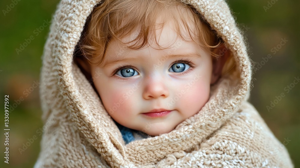 Innocent Baby with Blue Eyes Wrapped in Cozy Knit Blanket Innocent Baby with Blue Eyes Wrapped in Cozy Knit Blanket