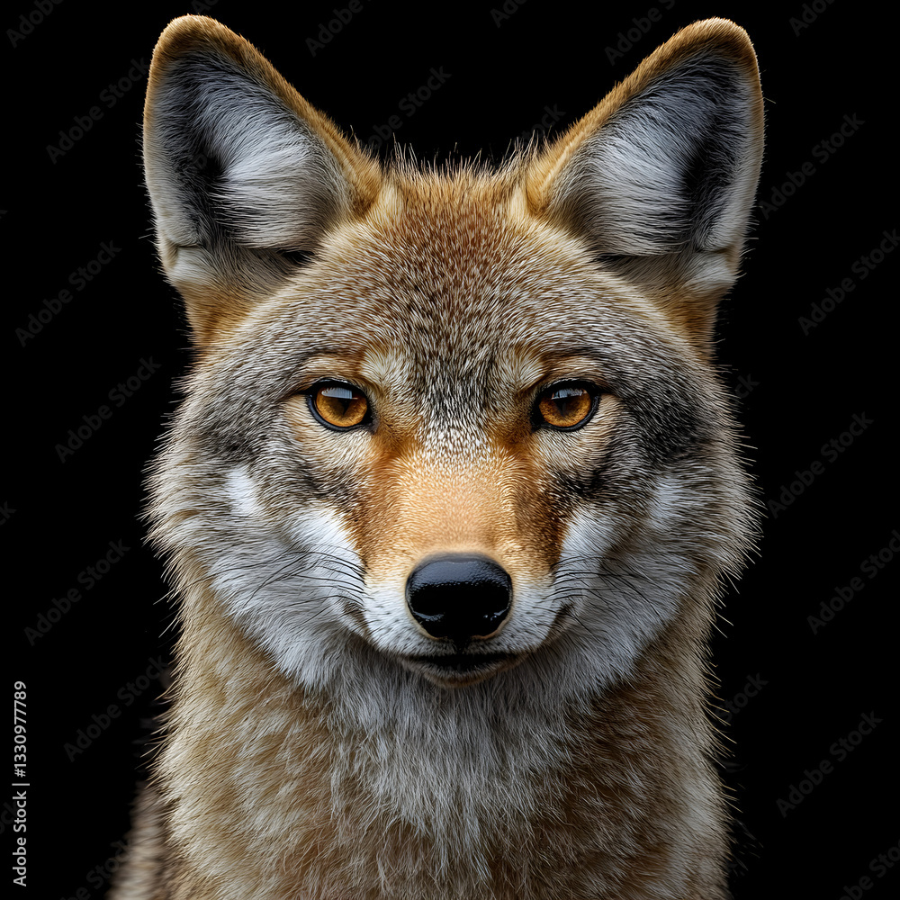 Fototapeta premium A close-up portrait of a coyote with piercing golden eyes, isolated against a black background.