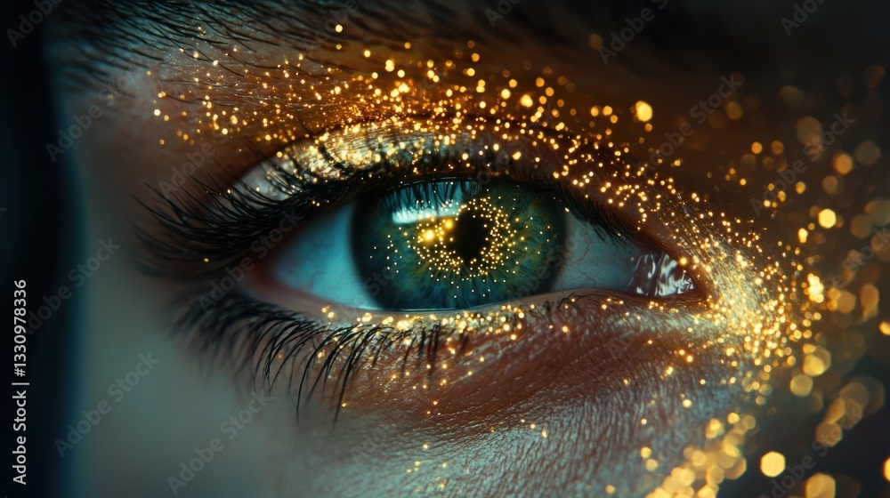 Close-Up of Eye with Sparkling Glitter and Eye-Catching Details Close-Up of Eye with Sparkling Glitter and Eye-Catching Details