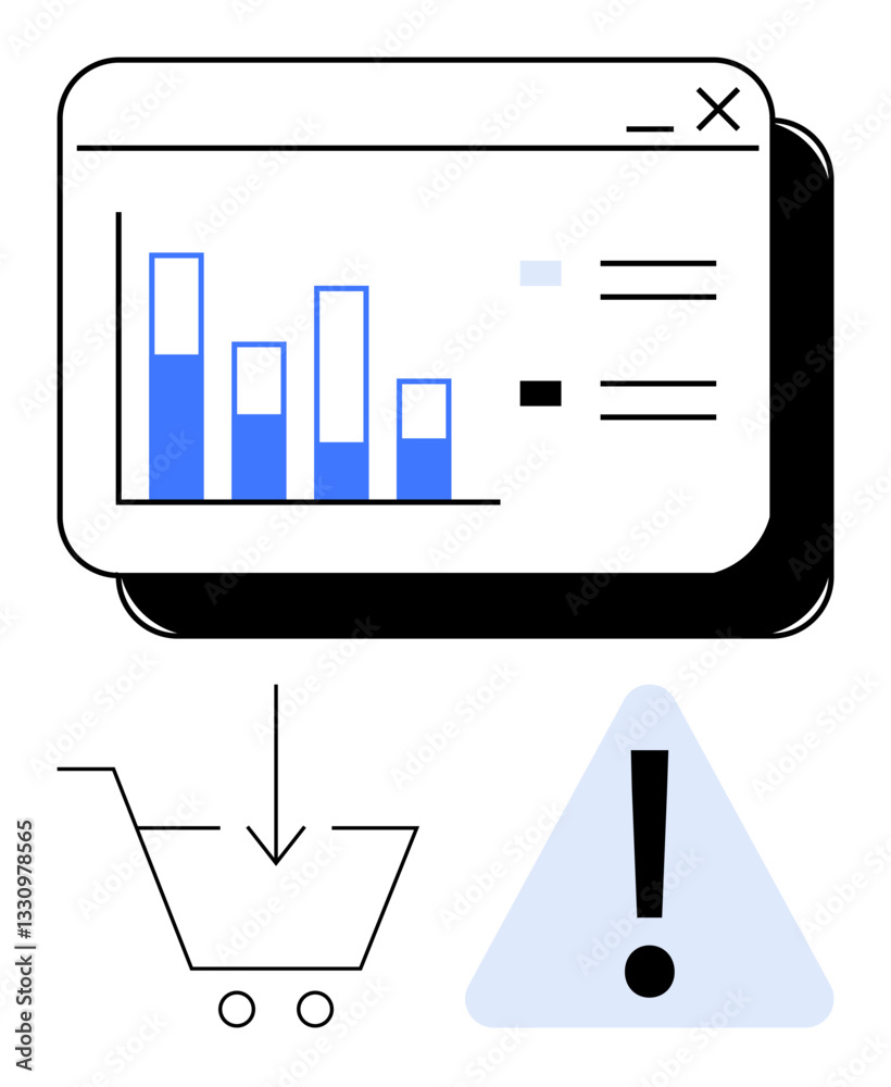 Analytics dashboard with bar chart, shopping cart, and attention triangle. Ideal for data monitoring, online shopping risks, business analysis, system warnings, data-driven operations, marketing Analytics dashboard with bar chart, shopping cart, and attention triangle. Ideal for data monitoring, online shopping risks, business analysis, system warnings, data-driven operations, marketing