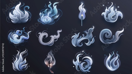 A collection of stylized flame illustrations in shades of blue and gray, creating a sense of ethereal energy and mystical charm