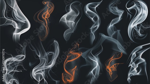 a collection of stylized smoke in different shapes on a black background, creating a sense of mystery and transience