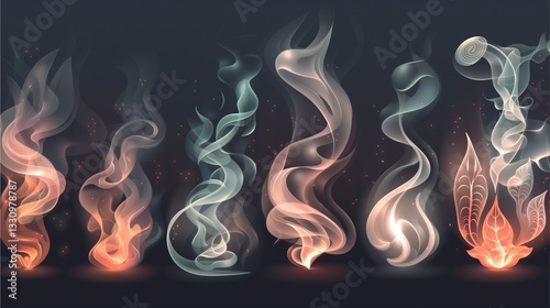 a collection of stylized colorful smoke in different shapes. Various designs with smoke in vibrant hues, exuding an artistic flair