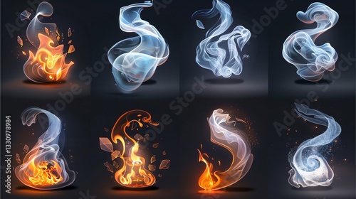 a collection of stylized flames and smoke with varying colors and shapes, perfect for a range of design projects