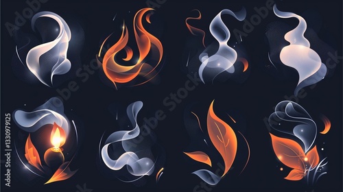 an abstract illustration of flame and smoke elements against dark background. The shapes vary in color and design