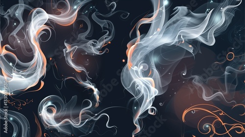 Abstract artistic illustration of ethereal smoky swirls against a dark background, evoke a sense of mystery and fluidity