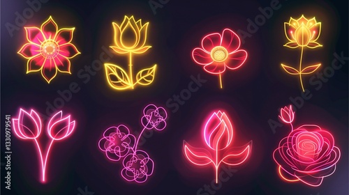 glowing neon flowers in various shapes and colors on a dark background, set on a dark background