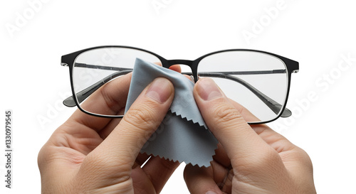 Hands cleaning eyeglasses with microfiber cloth isolated on white or transparent png background