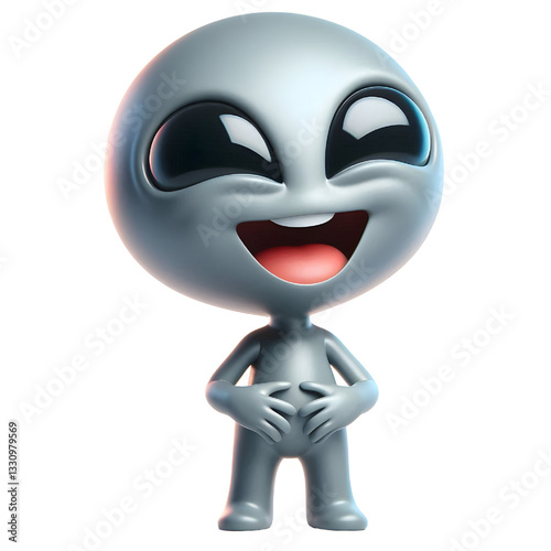 Cute gray alien character laughing in 3D render isolated on white background