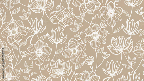 White Line-Art Flowers on Soft Taupe in a Seamless Pattern. A Minimalist and Modern Design for Elegant Packaging and Wallpapers.