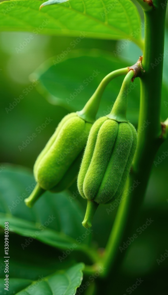 Fuzzy velvet bean pods, vibrant green foliage , organic, green Fuzzy velvet bean pods, vibrant green foliage , organic, green