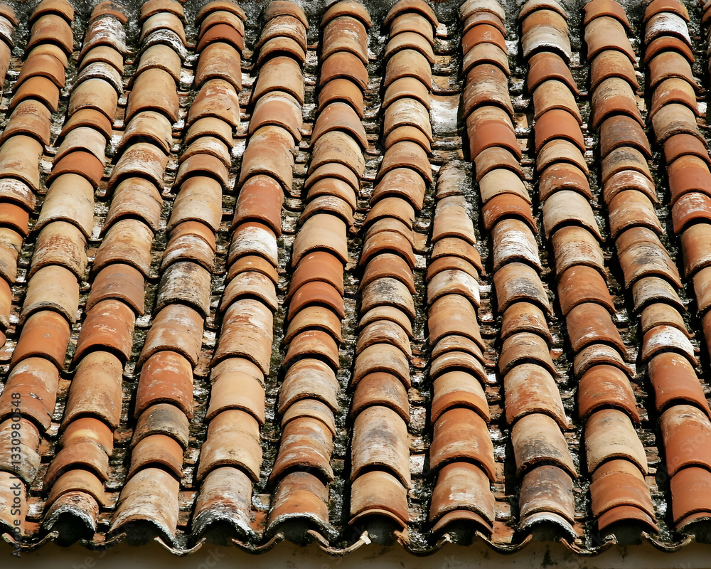 Weathered terracotta roof tiles, close-up texture. Aged clay roof pattern. Weathered terracotta roof tiles, close-up texture. Aged clay roof pattern.