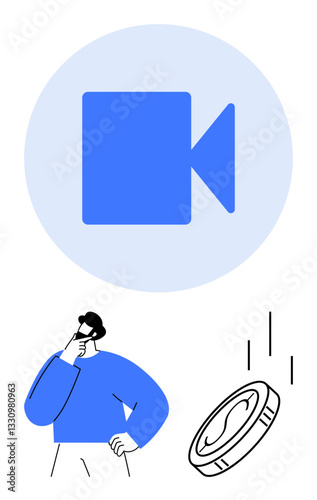 Camera icon in blue, contemplative figure, and falling coin emphasizing video content, creativity, technology, decision-making, finance, audiovisual strategies, and digital growth flat simple