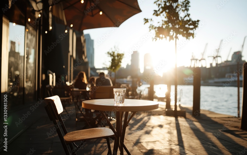 Fototapeta premium Empty Cafe Table At Sunset Beside River With City View