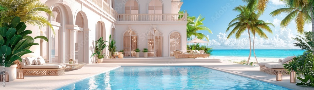 Obraz premium Luxurious beachside villa with a refreshing pool surrounded by palm trees and serene ocean views.