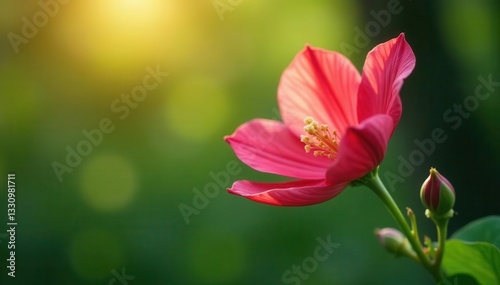 Swaying nascent flower, tightly furled leaves, sunlight illuminating nascent petals, plant, sunlit