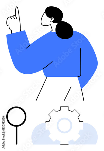 Person gesturing upward symbolizes ideas, focus, and innovation. Gear implies mechanics or processes, and magnifying glass suggests exploration. Ideal for teamwork, research, learning, innovation