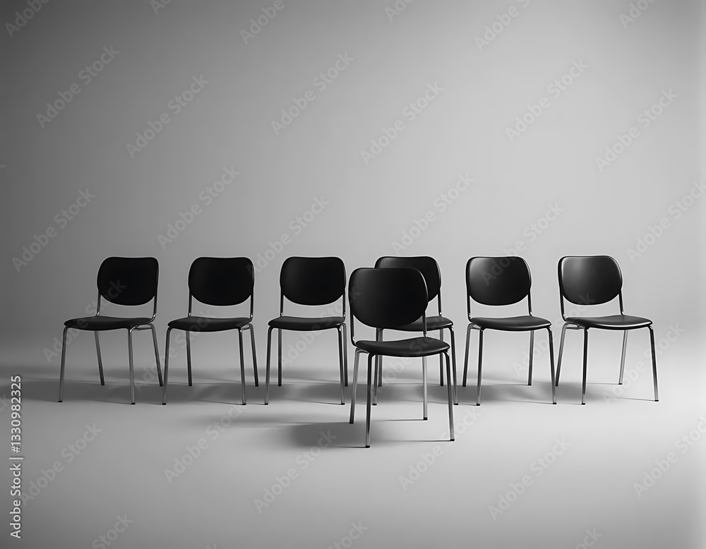 Obraz premium Monochrome image of eight unarranged chairs, capturing a sense of disorder and minimalism. Ideal for art projects, conceptual photography, or design elements