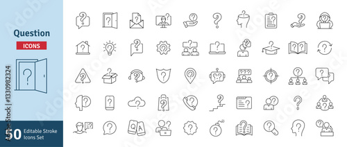 Question Line Icon Set. Question Mark, Thinking, Asking, Confusion, Answer, Help, Lost. Editable Stroke Vector Illustration