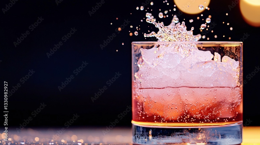 Amber Liquid Splash  Ice Cubes  Drinks  Bokeh  High Resolution Photo